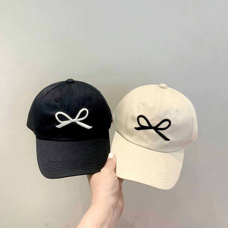 Caps Hats Solid color childrens baseball cap Korean bow embroidered girls sun hat adjustable summer childrens cotton snap cap H241223