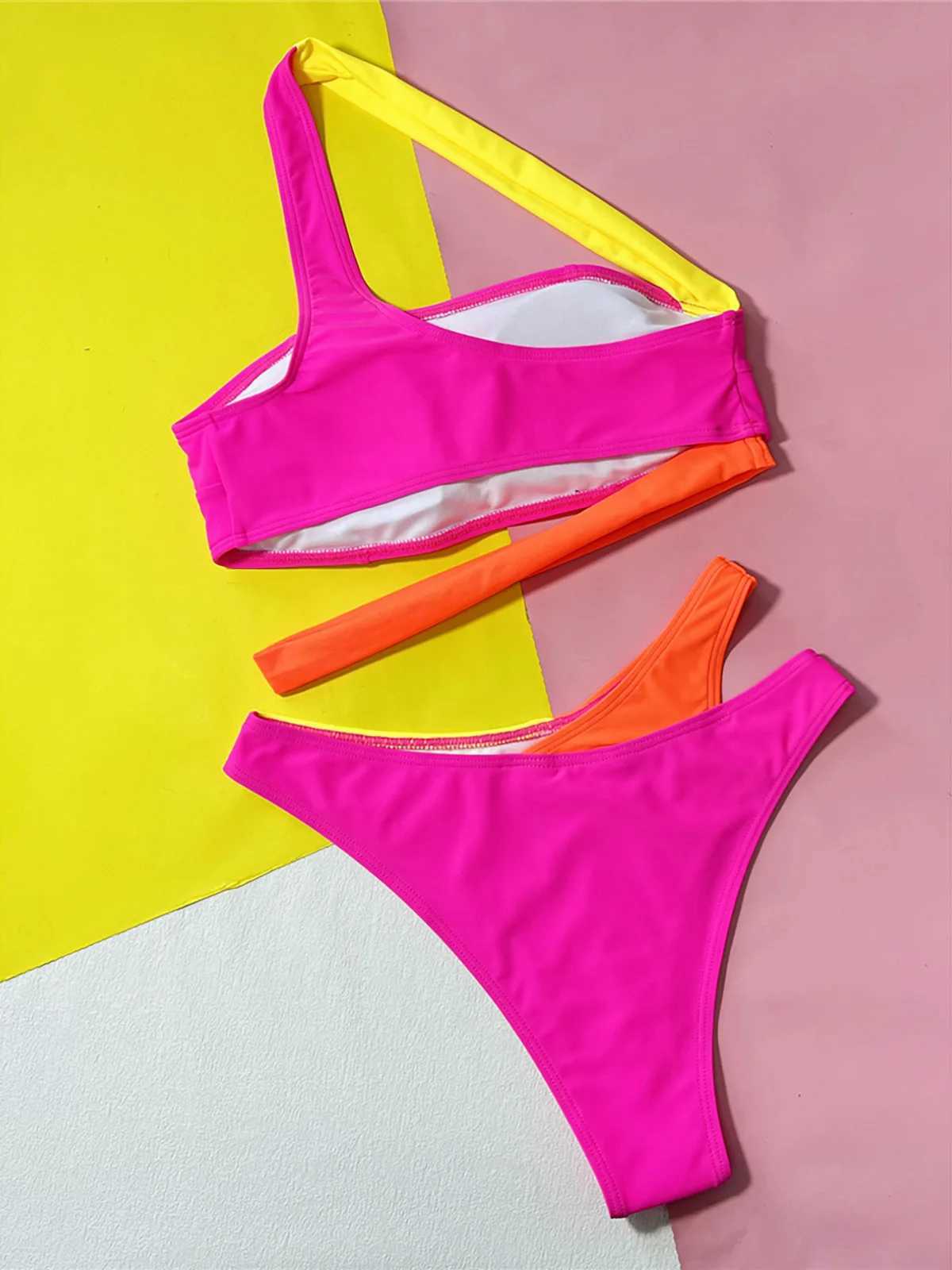 Sexy Splicing Asymmetric One Shoulder Bikini Female Swimsuit Women Swimwear Two-pieces Bikini set Bather Bathing Suit Swim K5395XJ241223
