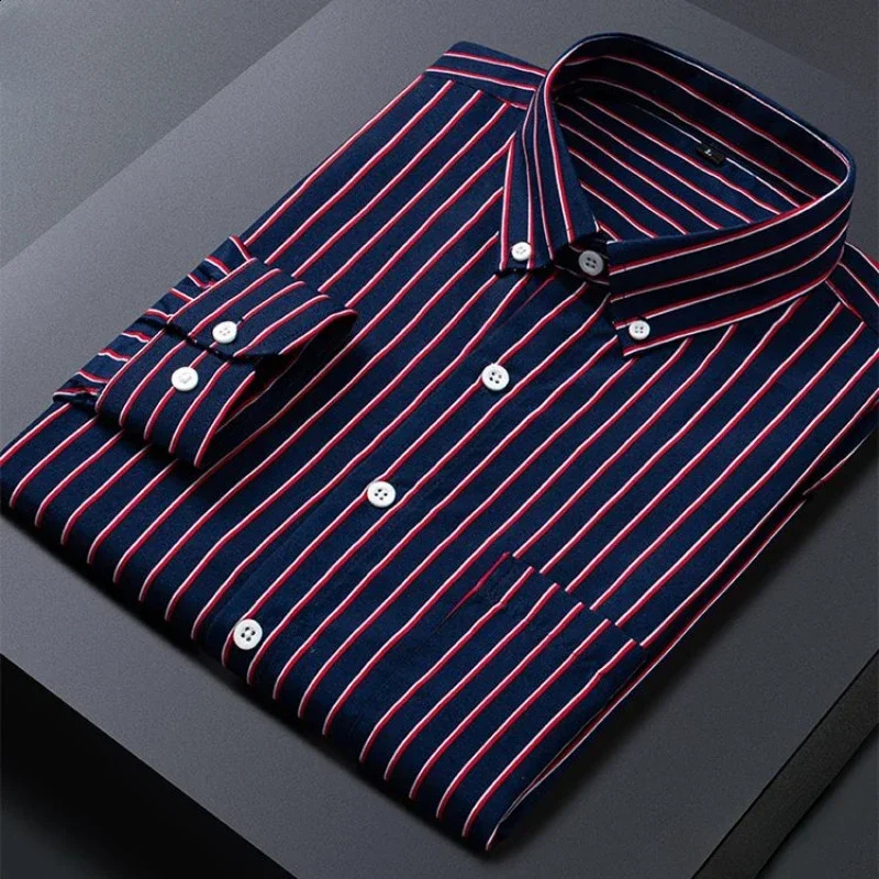 Mens Striped Shirts Formale Casual Printed Plaid Shirt Long Sleeve Slim Fit Botton Down Male Office Business Dress Shirt M-5XL 241223