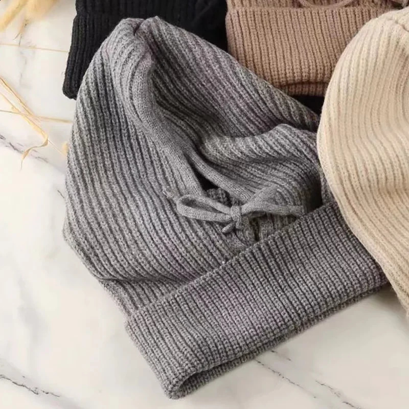 Knitted Hooded Caps Winter Balaclava Hats Women Korean Style Outdoor Warmer Drawstring Hats One-piece Neck Collar Beanies Cap 241214