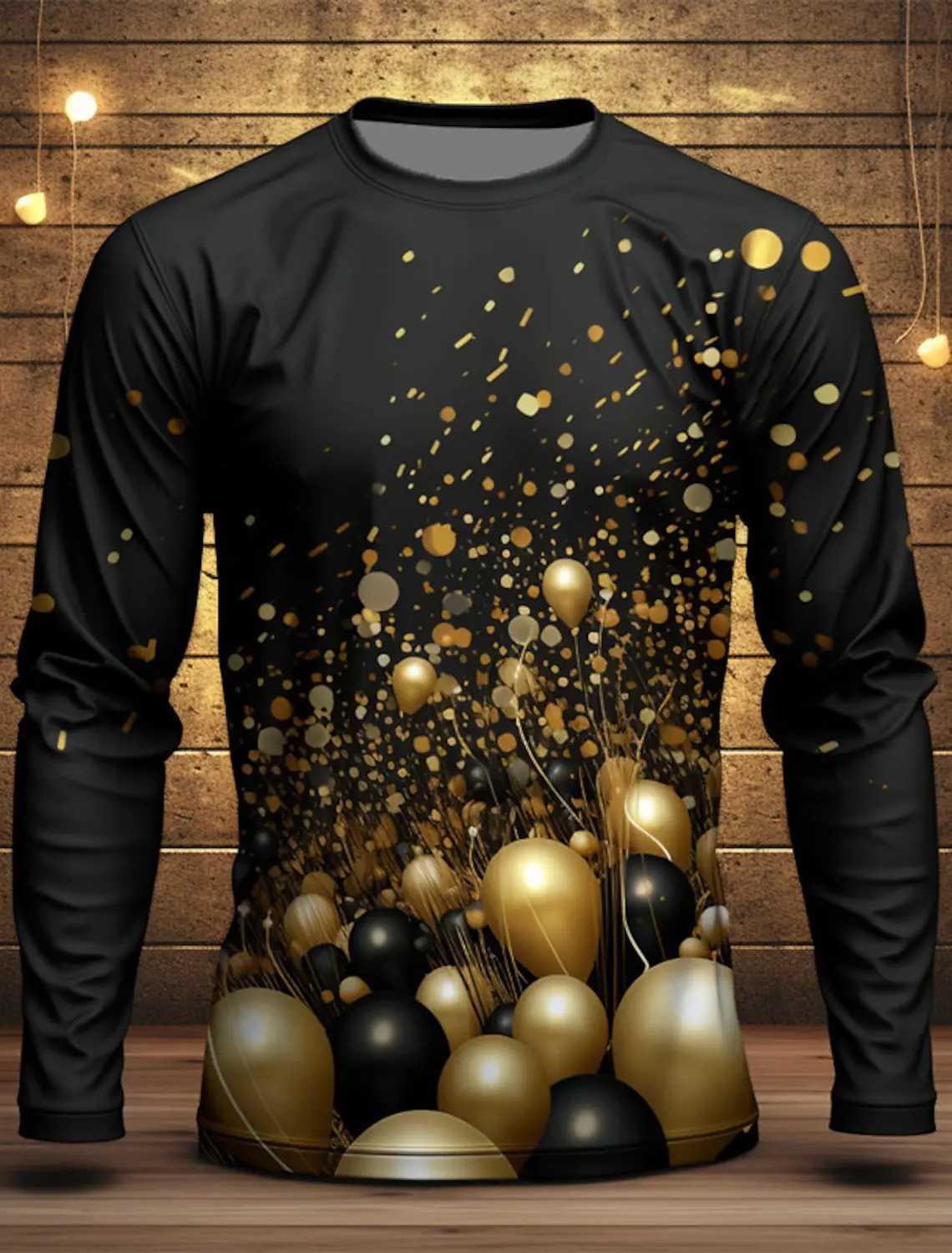 New Arrival Graphic Balloon Fashion Mens 3D Printed T-shirt Tee Holiday Going out New Years T-shirt Black Gold Long Sleeve Crew Collar Shirt Z241223