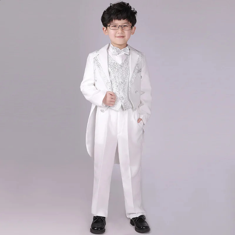 England Style Tuxedo Suits Boys Clothes Set Kids Formal Wedding Blazer Swallow-tailed Coat Kids Party Bow Tie Clothing 5PCS/Set 241223