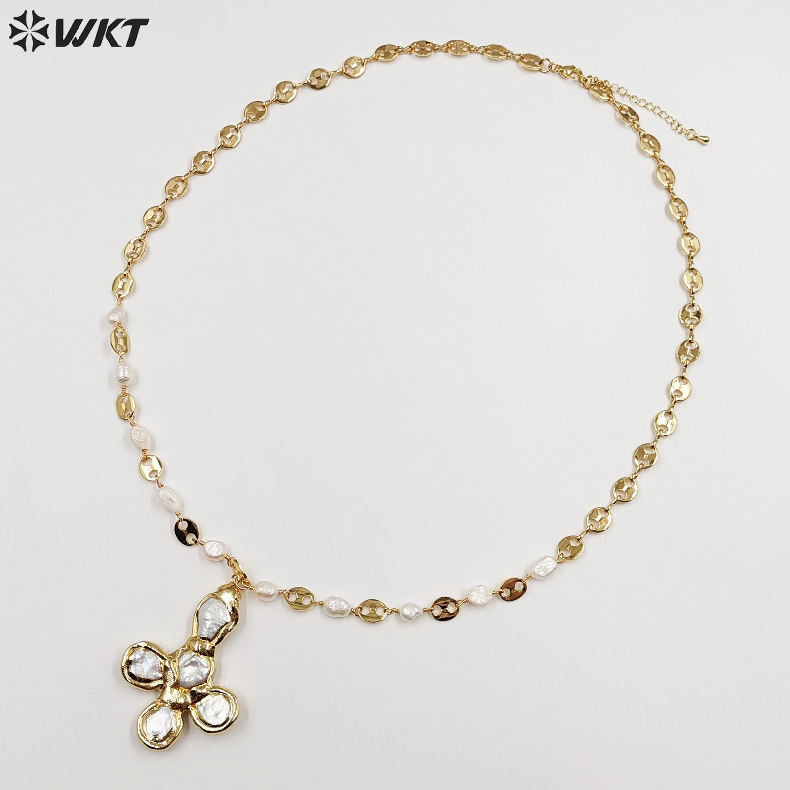 WT-JN248 Freshwater Pearl Sun Flower Quartz And Cross Shape 24 Inch Long 18K Gold Pig Nose Adjustable Chain Necklace 241220
