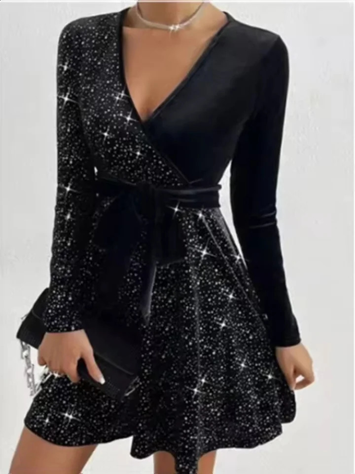 4-color sparkling mini dress for women sexy A-Line long sleeved dress spring and autumn party solid color dress 241223