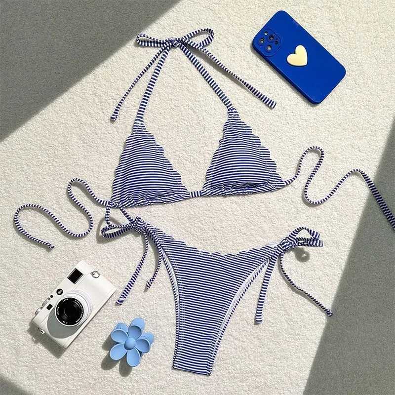 Blue Striped Print Swimwear Triangle Micro Bikini Set Mini Thong Sexy Swimsuit Women Halter String Bathing Suit Bikinis De MujerXJ241223