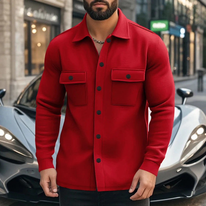 Stylish fleece single-breasted long-sleeved lapel shirt with double pockets shows personality and charm for many occasions 241223