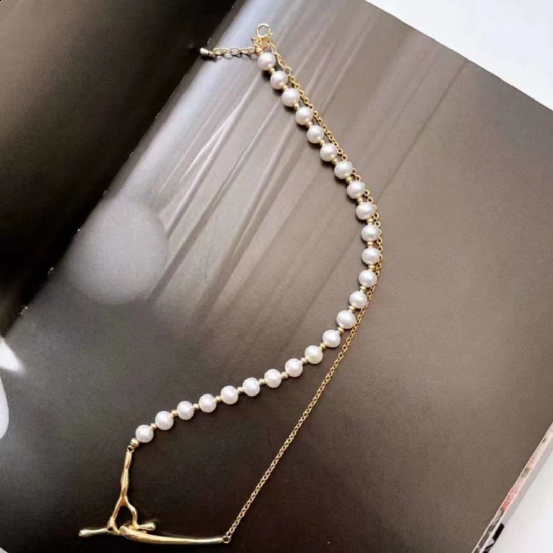 Gold and Silver Two Color Y Tree Branch Necklace 5-6MM Natural High-quality Freshwater Pearl Necklace Womens Pearl AB Chain 241220