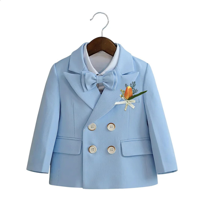 Child Fomal Dress Suit Set British Style Baby Boys Wedding Birthday Party Performance Costume Kids Blazer Pants Bowtie Clothes 241223
