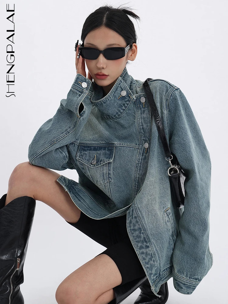 SHENGPALAE Fashion Womens Denim Jacket Turtle Neck Single Chest Full Set Patched Work Edition Jacket Autumn Collection 5R4436 241219