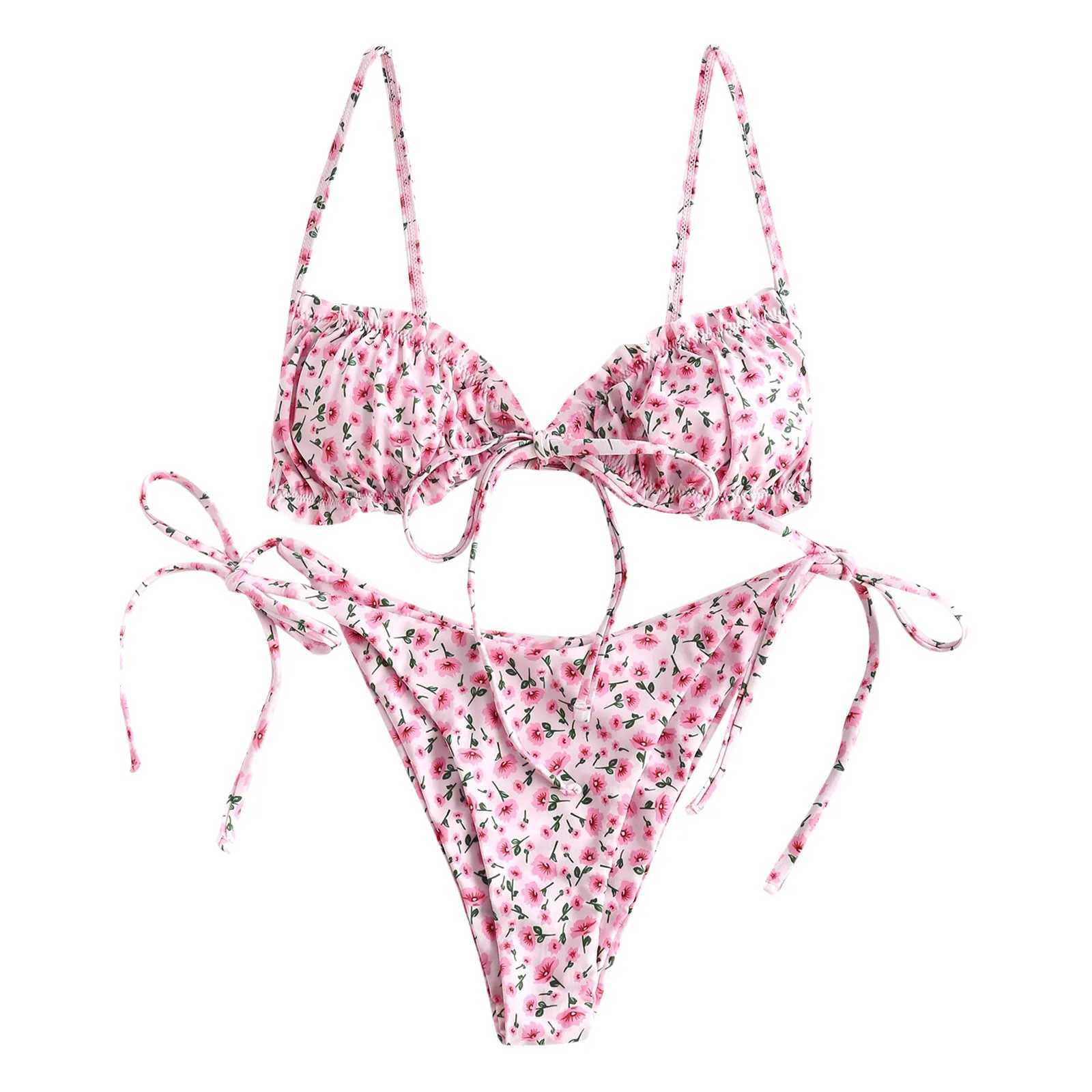 Sexy Floral Micro Bikini Set Swimwear Bandeau Women Brazilian Swimsuit Bikini Push-Up Swimwears Tankinis Set XJ241223