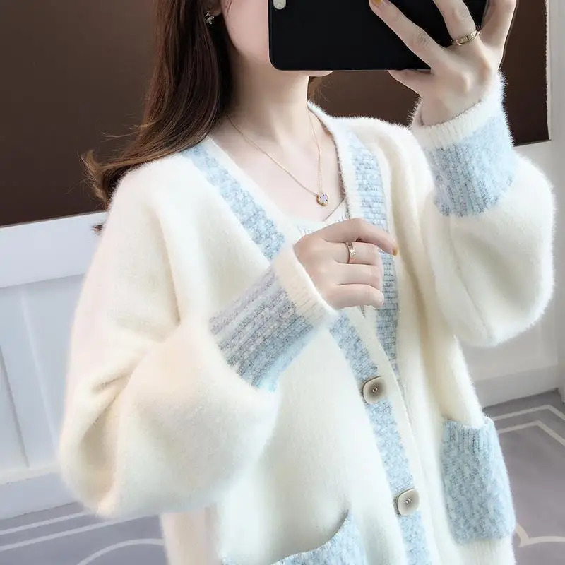 Mink Fleece Sweater Cardigan Womens 2024 Spring and Autumn Thickened Loose Mid Length Knitted Coat Winter Clothe 241220