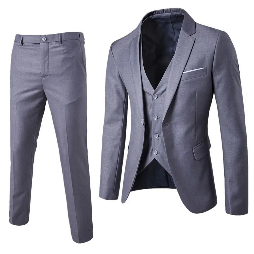1 Set Men Blazer Vest Pants Solid Color Turndown Collar Groom Suit SingleBreasted Coat Zipper Clre Trousers 241220