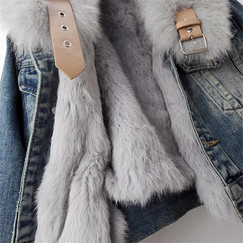 Vintage Blue Natural Fox Fur Collar Rabbit Hair Liner Denim Jacket Women Cow Outerwear Winter Loose Short Jeans Jacket Female 241220