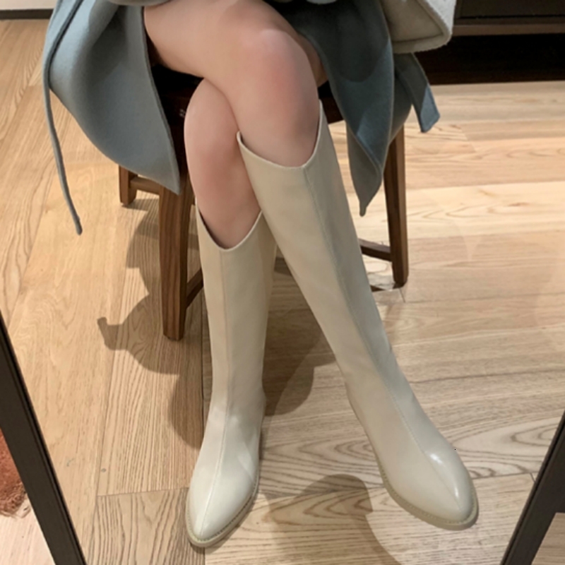 Winter New Pointy Mid-Heel Knee-High Back Zipper Solid Color Heightening Car And Veet Fashion Elegant High Boots