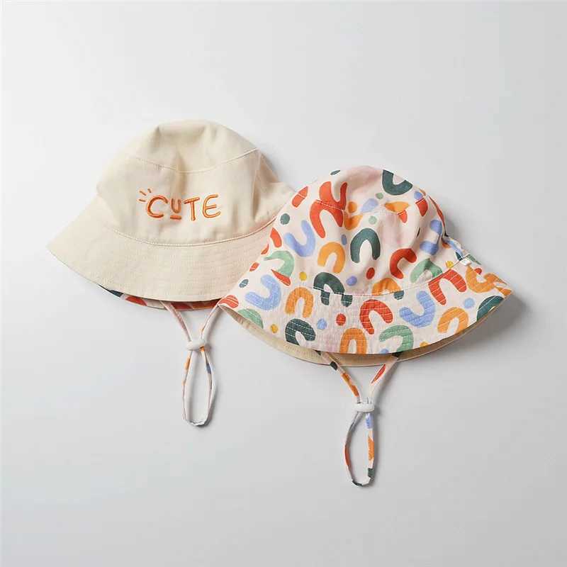 Caps Hats Double sided baby bucket hat with cute embroidered letters for children boys and girls fishermans Panama hat summer outdoor childrens sun ha