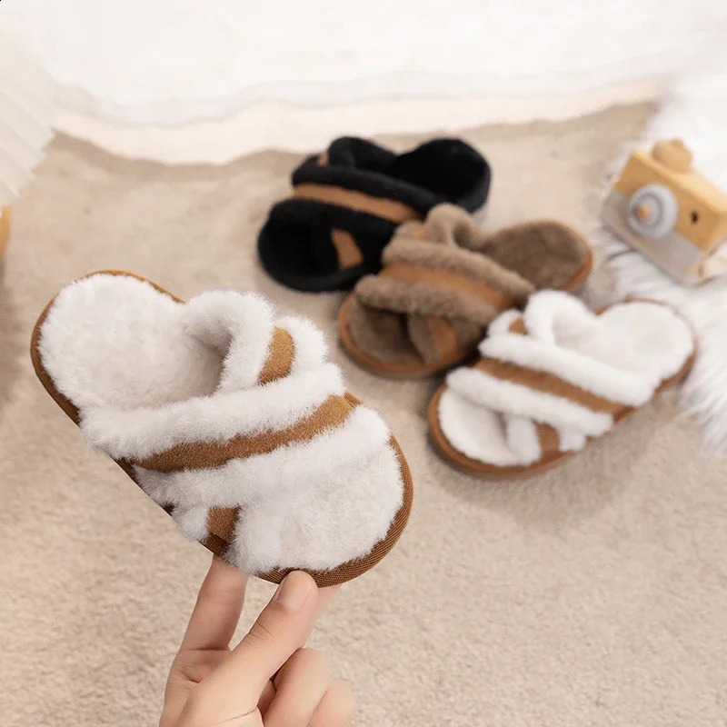 Winter Childrens Slippers Simple Fashion Girls Mules Slippers Open-toe Soft Kids Causal Boys Warm Home Slippers Furry Hairy 241223