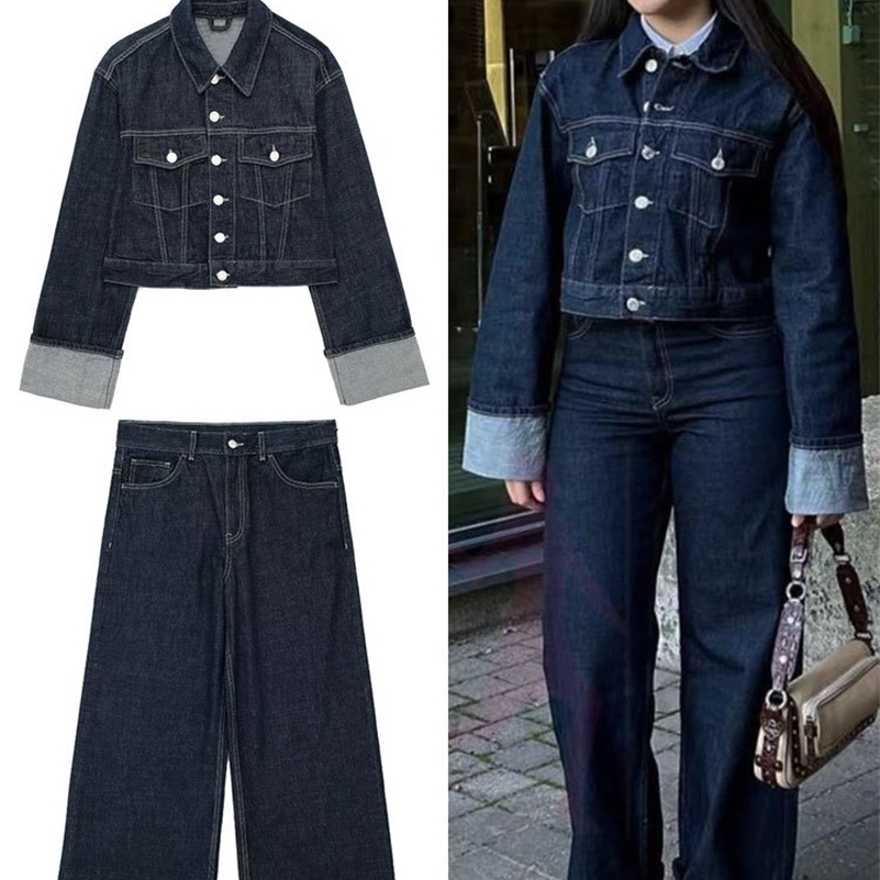 TRAFZA Women Vintage Denim Jacket Pant Sets Single Breasted Lapel Long Sleeve Coat Wide Leg Trousers Jeans High Street Outfits y241203