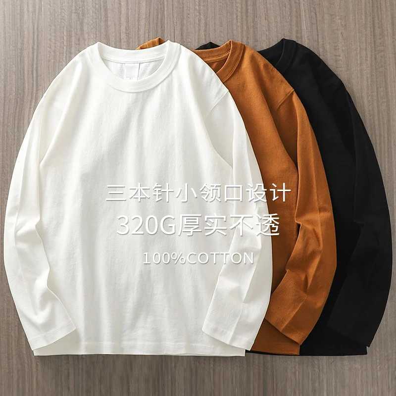 320G heavy-duty American style long sleeved cotton T-shirt for mens spring and autumn fashion solid color simple basic tee O-neck and floral pattern M
