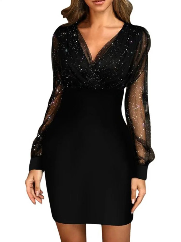Sexy V-neck See Through long sleeved dress for womens spring and autumn party mini dress Vestdos cortos 241223