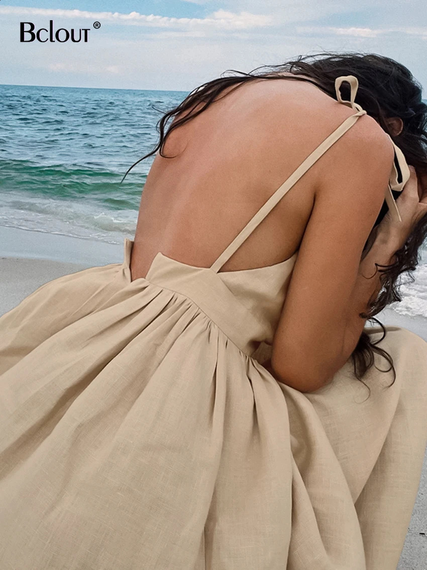 Bclout Fashion Brown Linen Long Dress Women 2024 Elegant Lace-Up Pockets A-Line Dresses Summer Sexy Backless Party Pleated Dress 241223