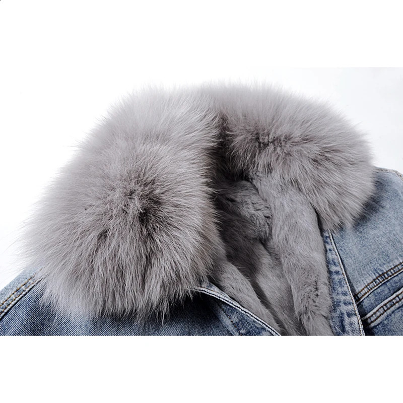 Winter Thick Natural Fox Fur Collar Rabbit Fur Denim Jacket Women Black Blue Cow Outerwear Loose Short Jeans Jackets Female 241220