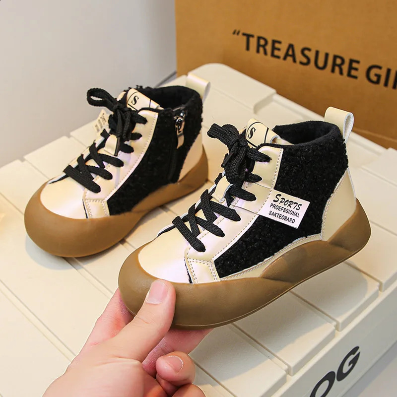 Fashion Purple Black Lambswool High Top Sneakers for Kid Girls Casual Plush Short Boots Boys Winter Warm Furry Sport Shoes 241223