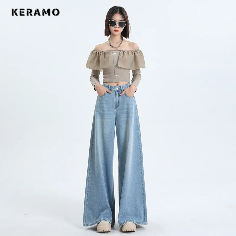 American Retro High Waist Oversized Jeans Pants For Women Casual Baggy Y2K Wide Leg Grunge Streetwear Blue Denim Trouser 241218