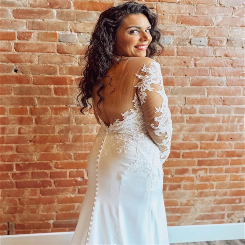 Elegant Lace Mermaid Wedding Dresses Long Sleeve Plus Size Bridal Dress Court Train Satin Country Bride Dress Gelinlik Robe De Mariage Backless Vestio