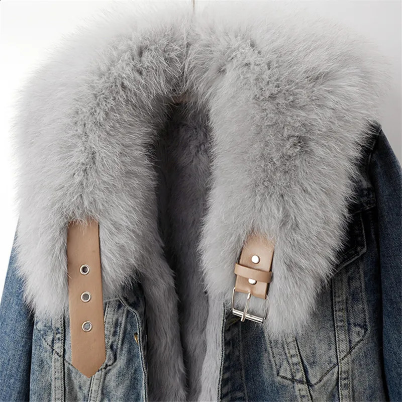 Vintage Blue Natural Fox Fur Collar Rabbit Hair Liner Denim Jacket Women Cow Outerwear Winter Loose Short Jeans Jacket Female 241220