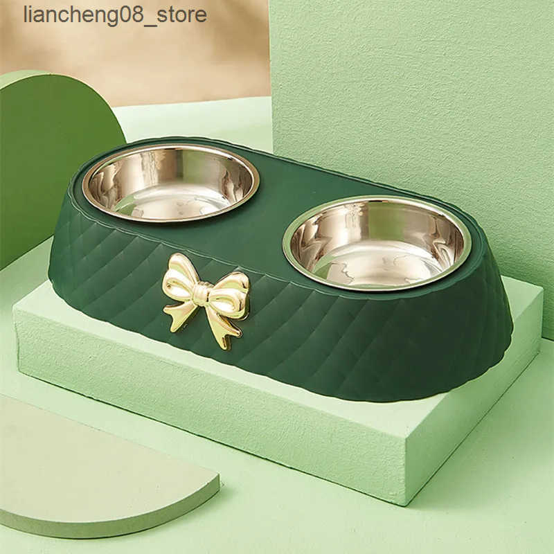 Dog Bowls Dishes Pet Bow-tie Cats Food Dog Stainless Steel Double Pet Drinking Double L240910
