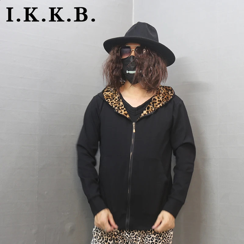 Early autumn slim dark solid cardigan sweater hooded European and American trend casual mens versatile coat Leopard Print 241223