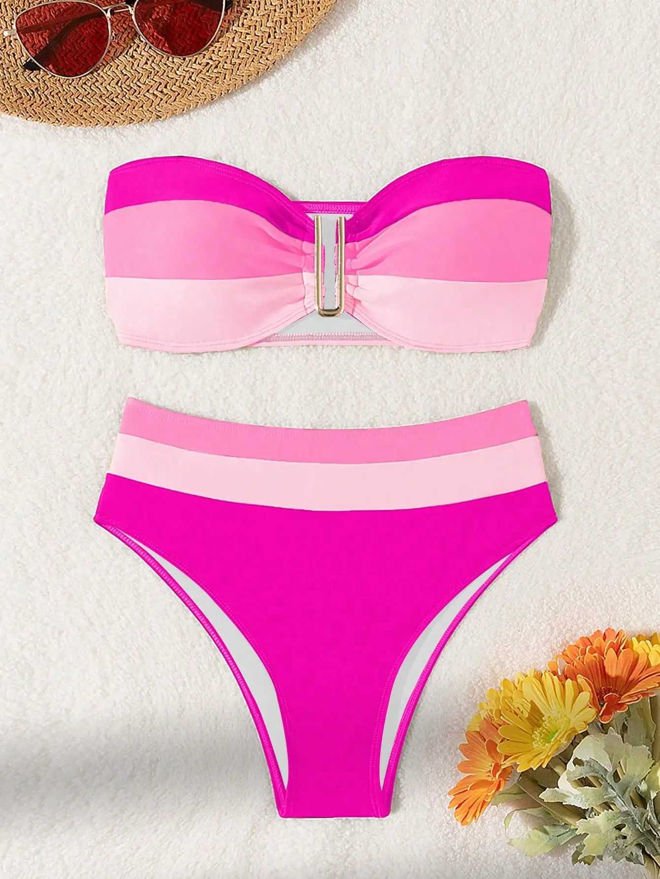 New solid color patchwork strapless split swimsuit set bikiniXJ241223