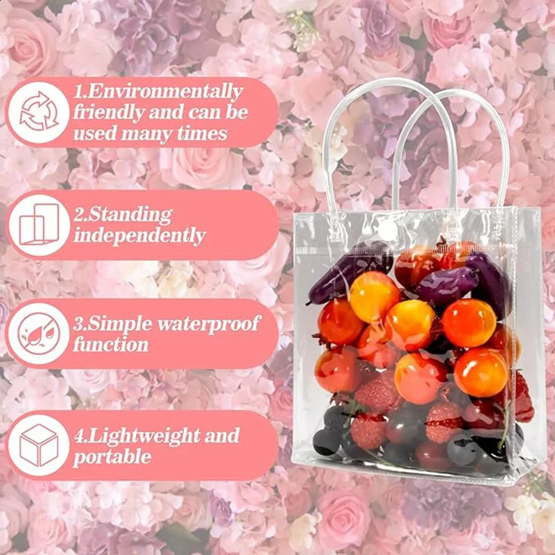 10/20/30/50/100pcsTransparent Soft PVC Gift Tote Packaging Bags with Button Hand Loop Clear Plastic Handbag Cosmetic Bag 241223