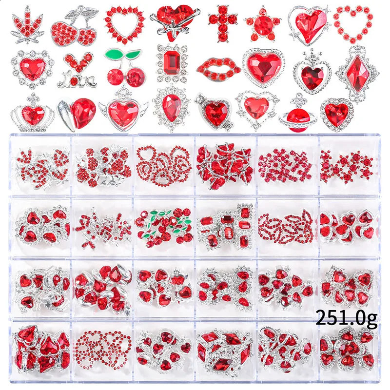 24 Grids Mix Style Heart Butterfly Cherry Planet Stars Gun Nail Art Y2K Charms Nail Rhinestones Crystal Decorations Accessories 241220