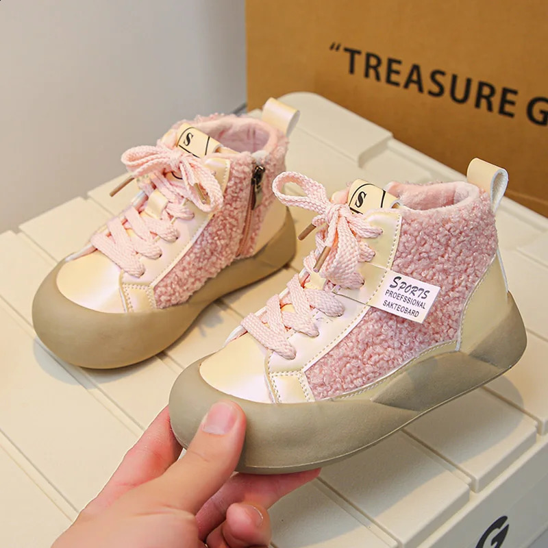 Fashion Purple Black Lambswool High Top Sneakers for Kid Girls Casual Plush Short Boots Boys Winter Warm Furry Sport Shoes 241223