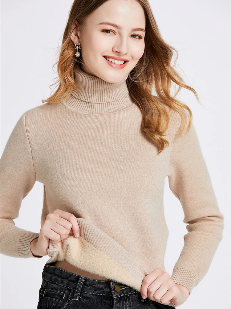 Thicken Velvet Turtleneck Sweater Women Korean Fashion Lined Warm Sueter Knitted Pullover Slim Top Winter Jersey Knitwear Jumper 241217