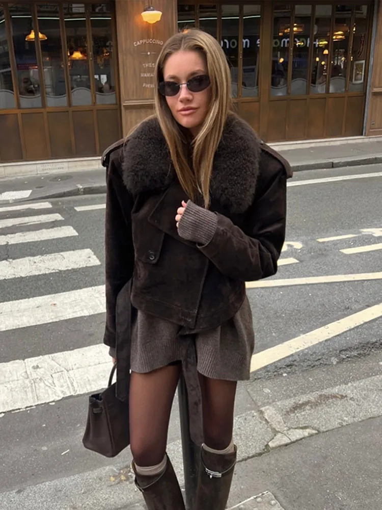 Women Vintage Brown Faux Fur Jacket Chic Lapel Long Sleeve Button Belt Short Coat 2024 Autumn Female High Street Outerwear 241220