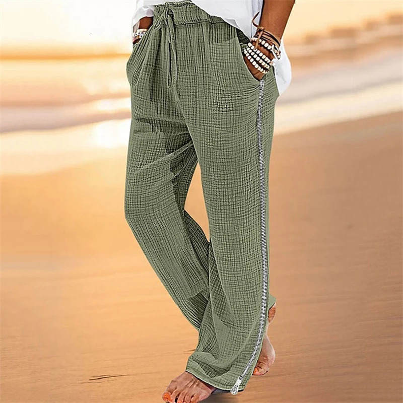 Retro mens pleated cotton linen casual pants drawstring side zipper elastic waist comfortable and breathable beach mens straight pants 241219
