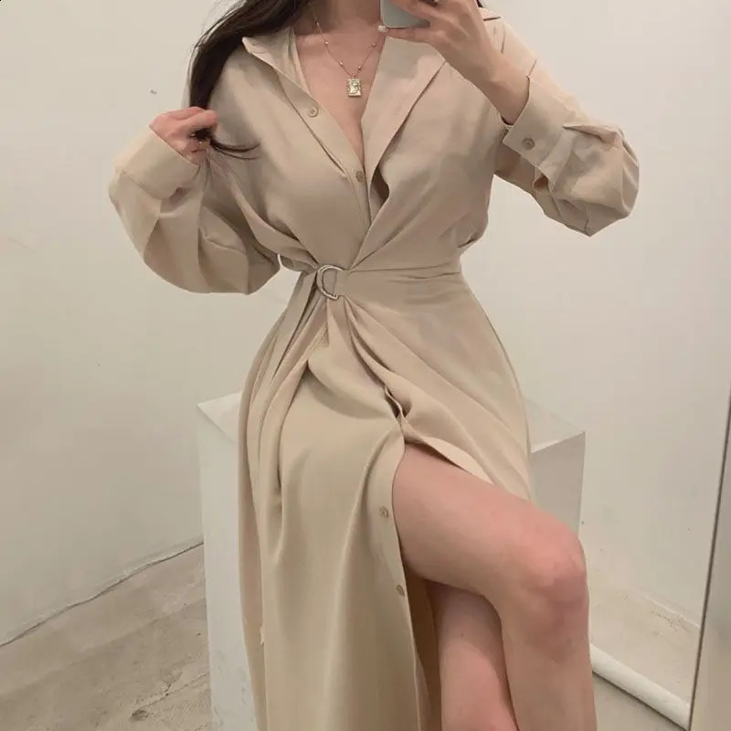 Elegant Spring and Autumn Polo Collar Single Breasted Lace Up Waist Slimming Long Sleeved Shirt Dress for Women 241218
