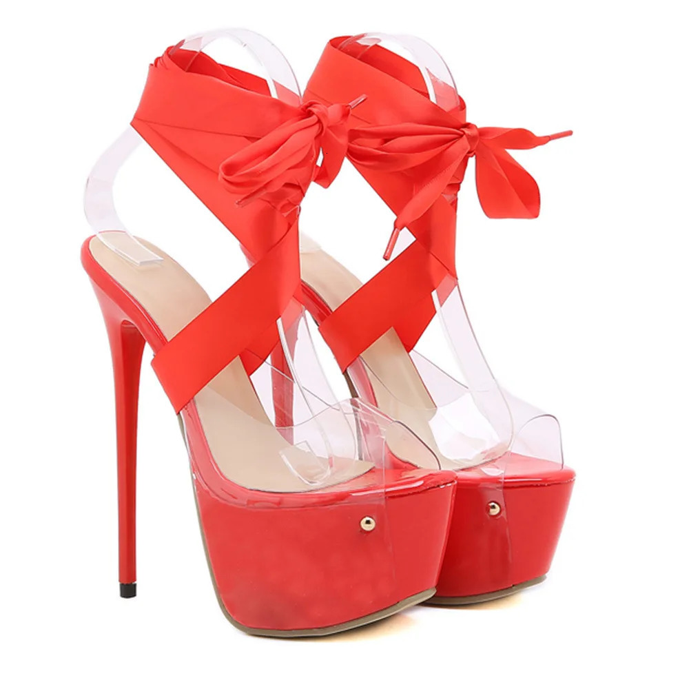 Sexy Black Thigh High LaceUp Strap Platform Sandal Transparent Peep Toe Club Stripper 165CM Stiletto Shoes Footwear 241213