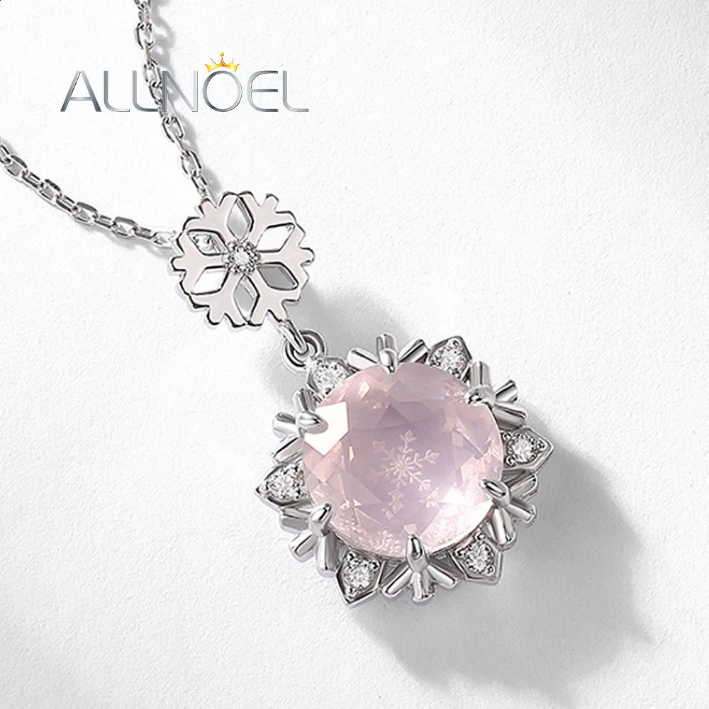 ALLNOEL Natural Rose Quartz Necklace for Women 925 Sterling Silver Pendant Winter Snow Fine Jewelry Merry Christmas Party Gifts 241220