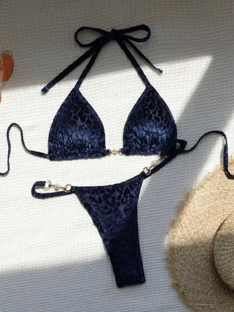 Sexy Swimwear Women Lace Up Bikini Suit Female Leopard Printed Bow Tie Beachwear Pearl Biquinis Swimsuit Bather Bathing SuitXJ241223