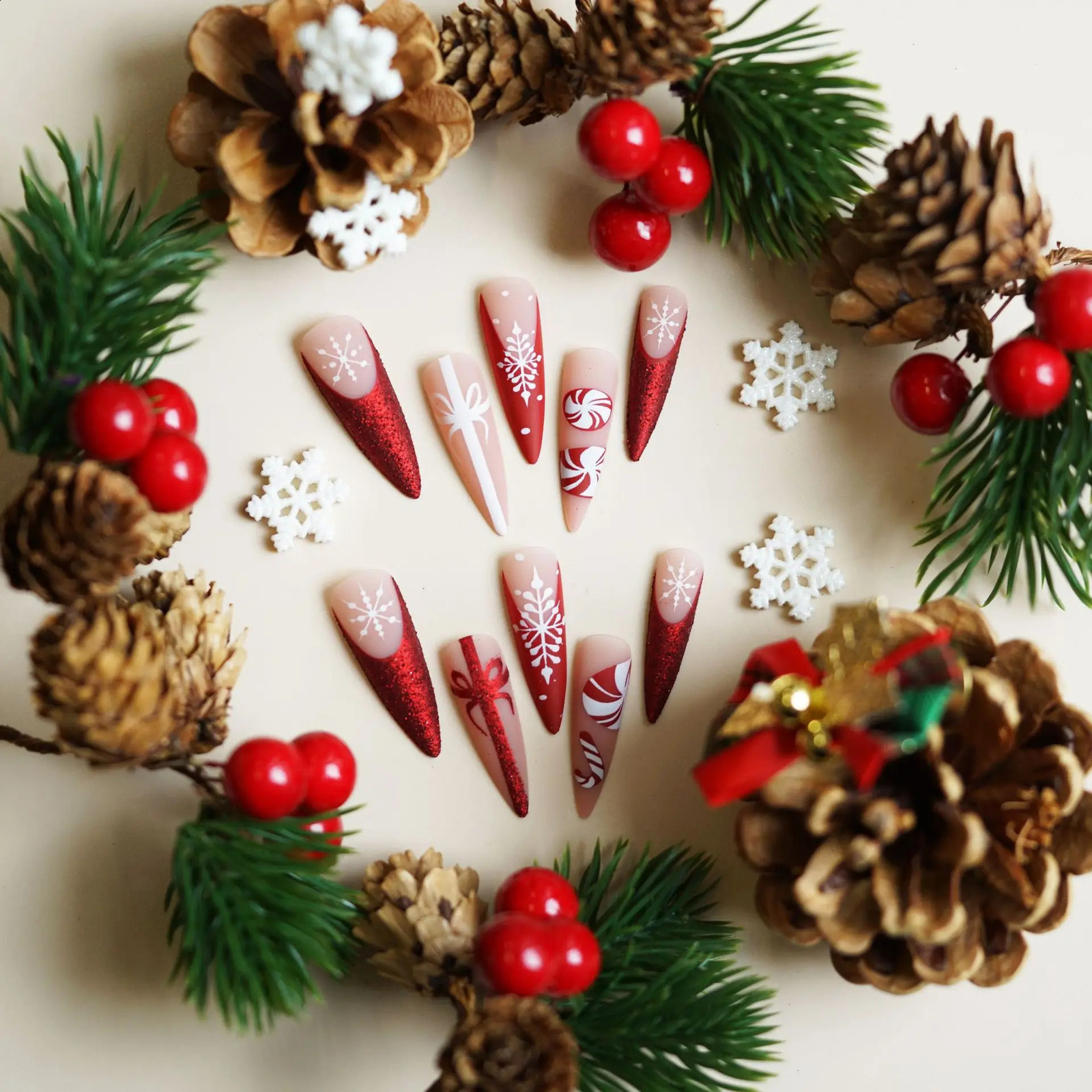 24pcs Christmas Fake Nails Long Stiletto Press On Acrylic Nails Almond Glitter Red French False Nails White Snowflake Wearable 241223