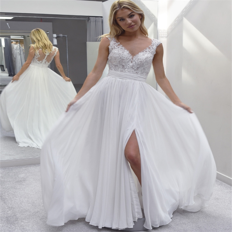 Minimalist Boho Wedding Dress V Neck Bohemian Chiffon Bridal Dress With Slit Elegant A Line Lace Beach Bride Gown Rustic Robe De Mariage 2025 Vestio D