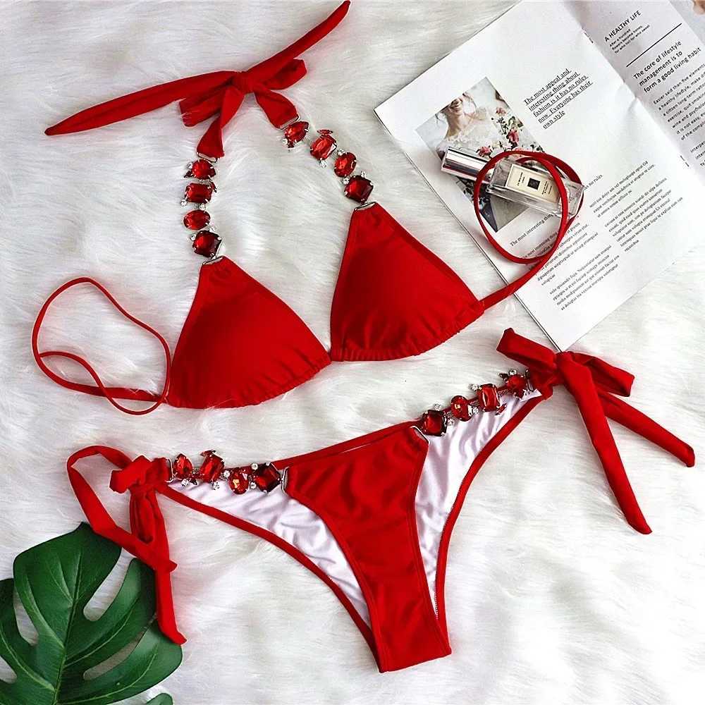 Women Sexy Bikini 2022 Purple Crystal Rhinestones Glitter Diamond Gems Swimsuit Halter Bandage Push Up Swimwear Bathing SuitXJ241223