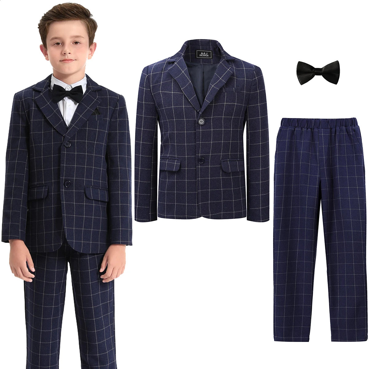 Suit for Kids Boys Wedding Plaid Teenager Formal Easter Tuxedo Bowtie Children Blazer Flower Party Performance Costume 3PCS 241223