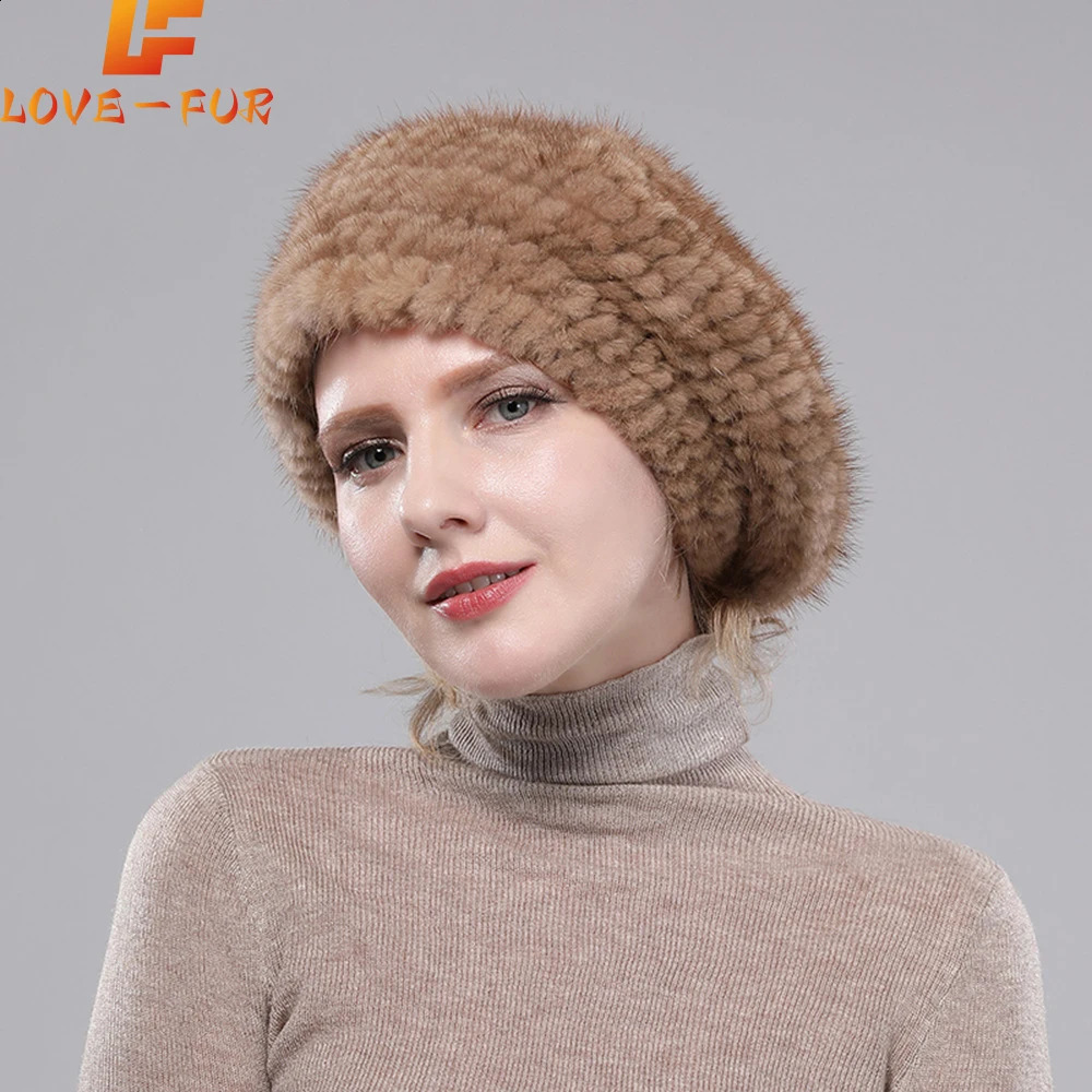 Real Mink Fur Berets Elegant Womens Winter Caps n Fashion Fur Hats Knitted Warm Natural Mink Fur Beanies Hat 241214