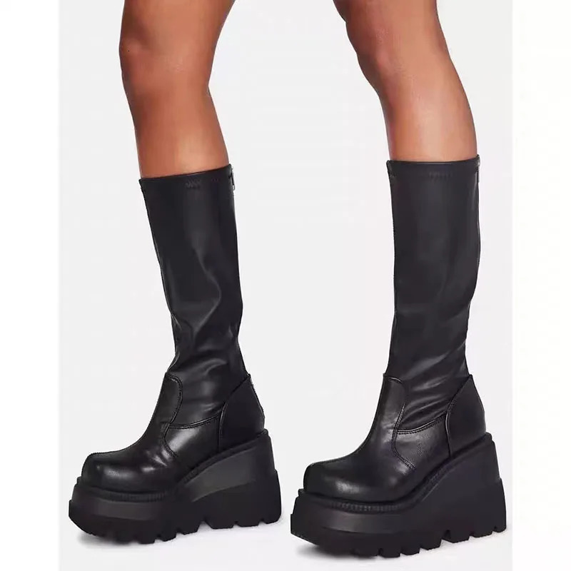 Winter Women Boots Mid-calf Wedge High Heel Platform Lace Up Zip Ladies Pumps Female Punk Gothic Motorcycle Black Round Toe Shoe 241213