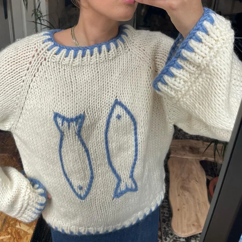 Y2K Aesthetic Fish Contrast Color Warm Sweater for Fall Winter Knitwear Knitted Sweater Vintage Long Sleeve Crew Neck Pullover 241223