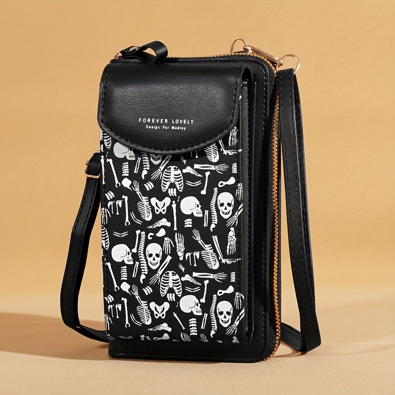 Spooky Ghost Skull Crossbody Bag Halloween Zippered Style - Gothic Phone Purse With Secure Compartments For Fashion Witches